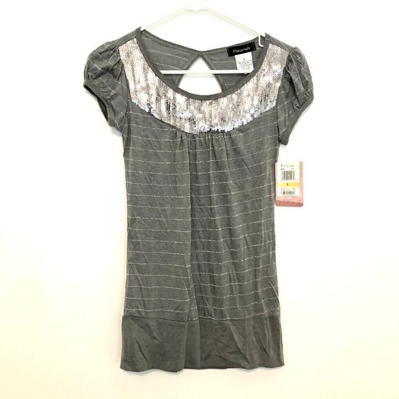 NEW NWT FLEURISH Gray Metallic Striped Sequin Short Sleeve Y2K Blouse JUNIORS S - Picture 1 of 11